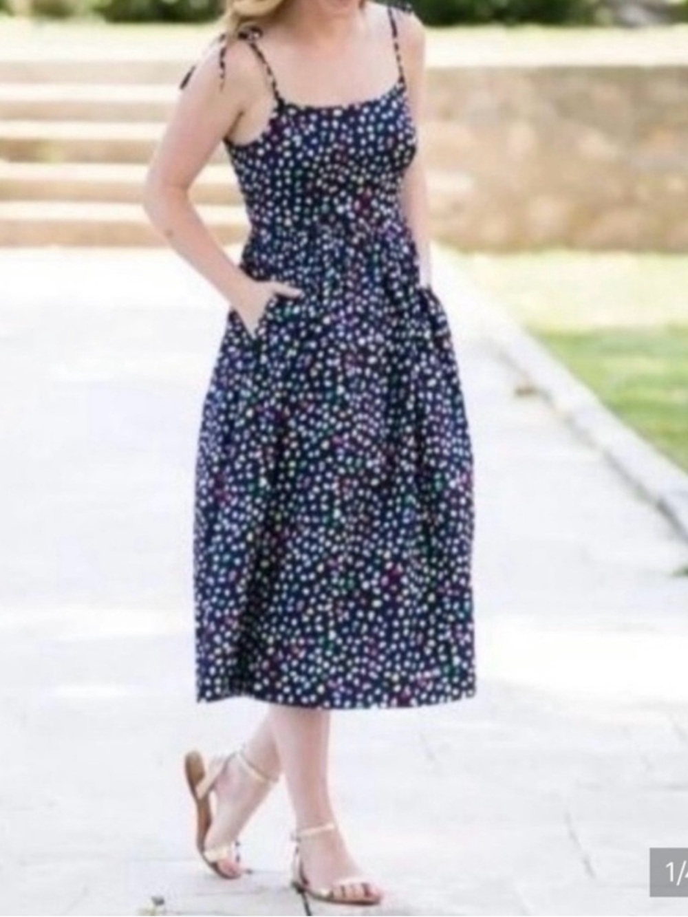 J. Crew Navy Multi-Dot Tie-Shoulder Midi Dress